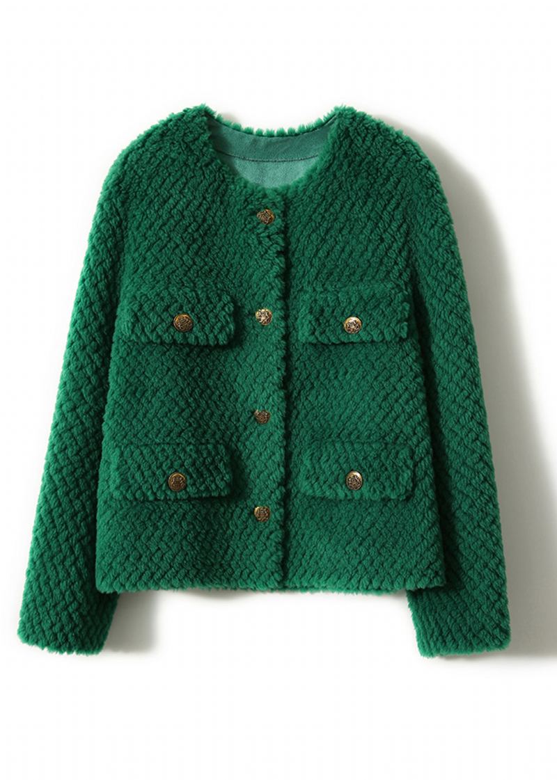 Manteau En Laine Vert Chic À Col Rond Et Boutons Manches Longues - Manteaux en laine femmes