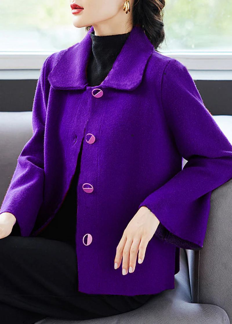 Manteau En Laine Violet Élégant Avec Poches Et Col Peter Pan Automne - Manteaux en laine femmes