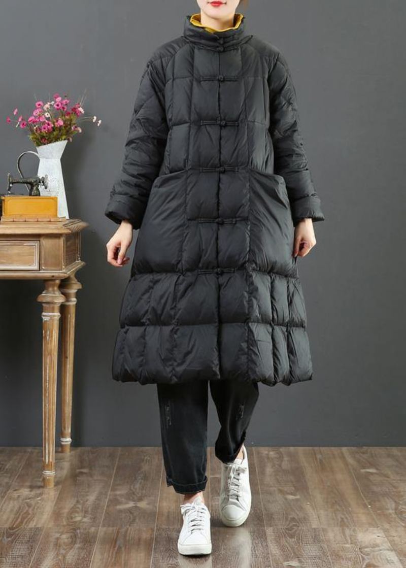 Manteau Long Ample Et Fin Veste D'hiver Col Montant Noir Boutons Chinois Vêtements D'extérieur En Laine - Manteaux en laine femmes