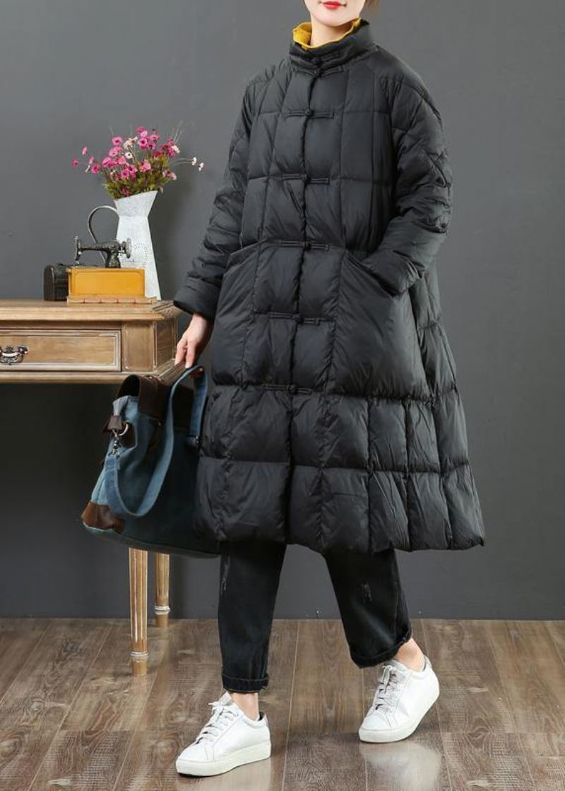 Manteau Long Ample Et Fin Veste D'hiver Col Montant Noir Boutons Chinois Vêtements D'extérieur En Laine - Manteaux en laine femmes