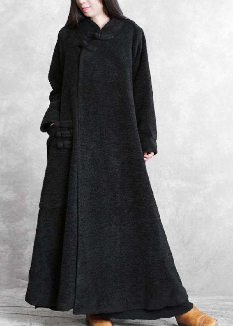 Manteau Long Asymétrique À Col Montant Vêtements D'extérieur Élégants En Laine Noire Grande Taille