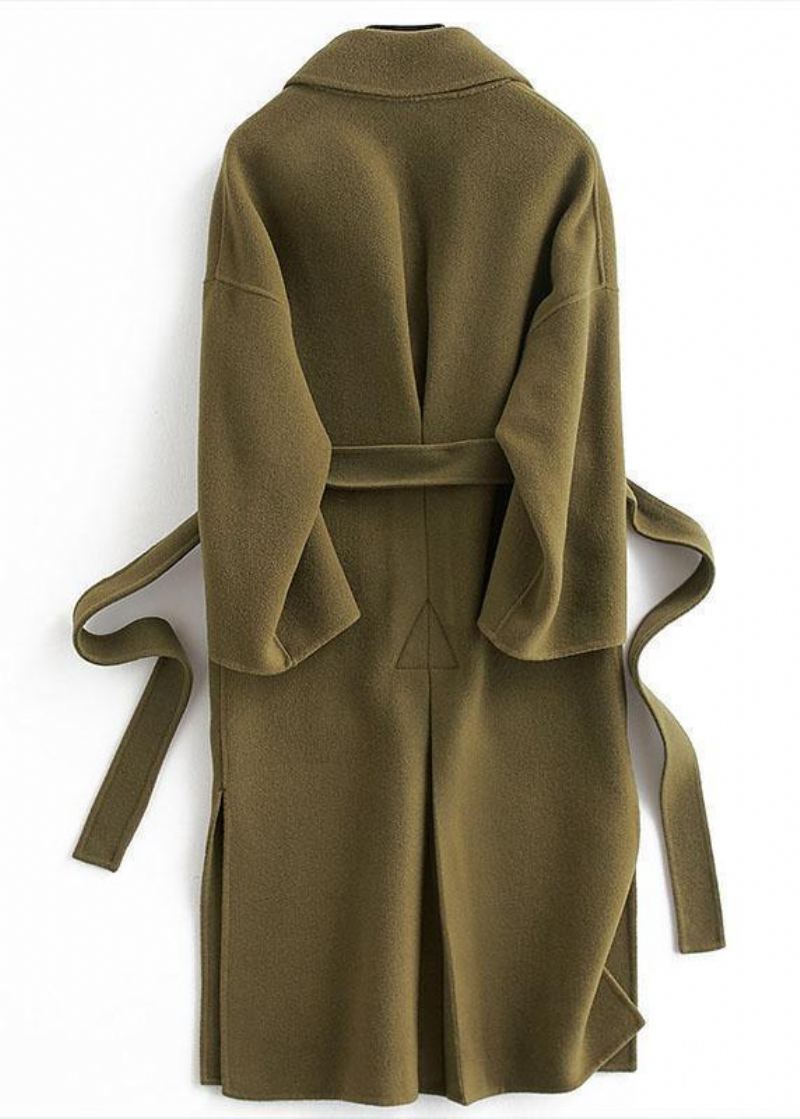 Manteau Long Coupe Ample Cravate À La Taille Vêtements D'extérieur En Laine Vert Cranté - Manteaux en laine femmes