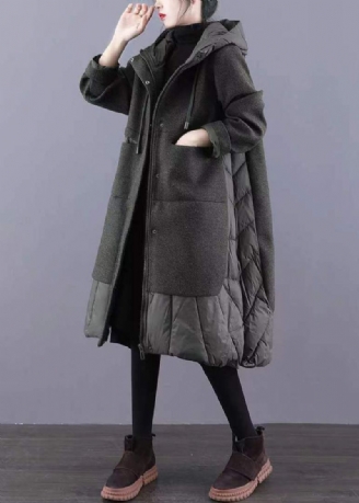 Manteau Long En Laine Épaisse Avec Poches Patchwork Vert Fermeture Éclair Manches Longues