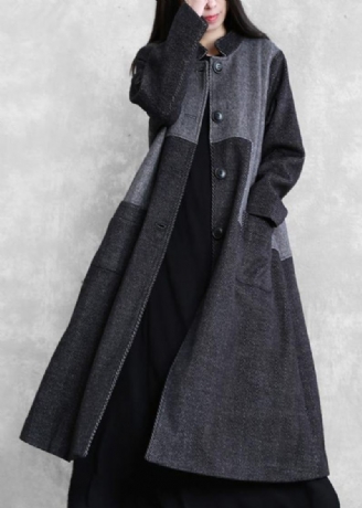 Manteau Long Vintage Grande Taille Vêtements D'extérieur Gris Foncé Col Montant Patchwork Pardessus En Laine