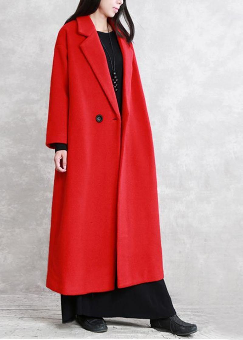 Manteau De Luxe En Laine Rouge Coupe Ample Poches Crantées D'hiver