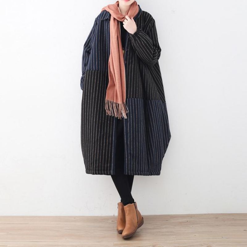 Manteau De Luxe À Rayures Bleues Et Noires Vestes Bouffantes En Laine Surdimensionnées Patchwork Fin Vêtements D'extérieur D'hiver - Manteaux en laine femmes