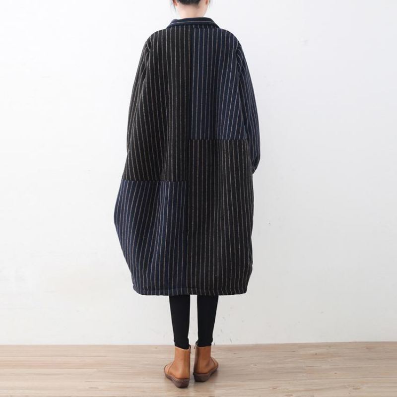 Manteau De Luxe À Rayures Bleues Et Noires Vestes Bouffantes En Laine Surdimensionnées Patchwork Fin Vêtements D'extérieur D'hiver - Manteaux en laine femmes