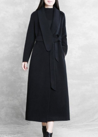 Manteau Maxi Ample Et Fin Vêtement D'extérieur En Laine Cravate Noire Poches À La Taille Pardessus