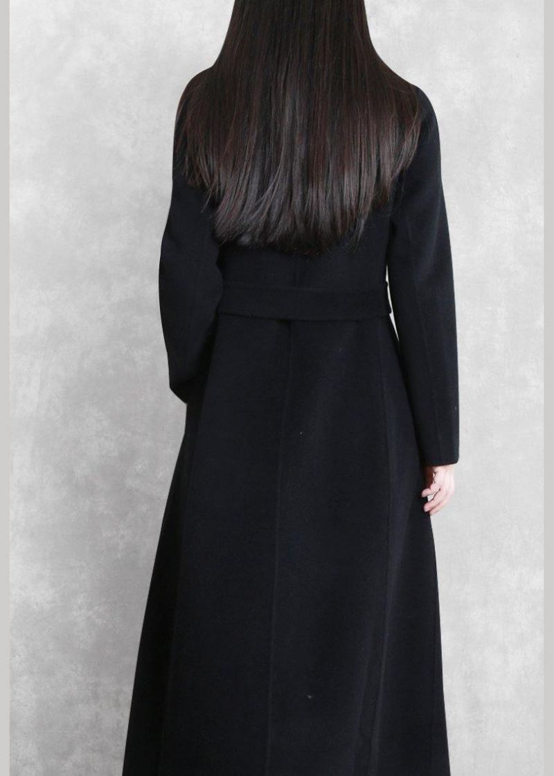 Manteau Maxi Ample Et Fin Vêtement D'extérieur En Laine Cravate Noire Poches À La Taille Pardessus - Manteaux en laine femmes