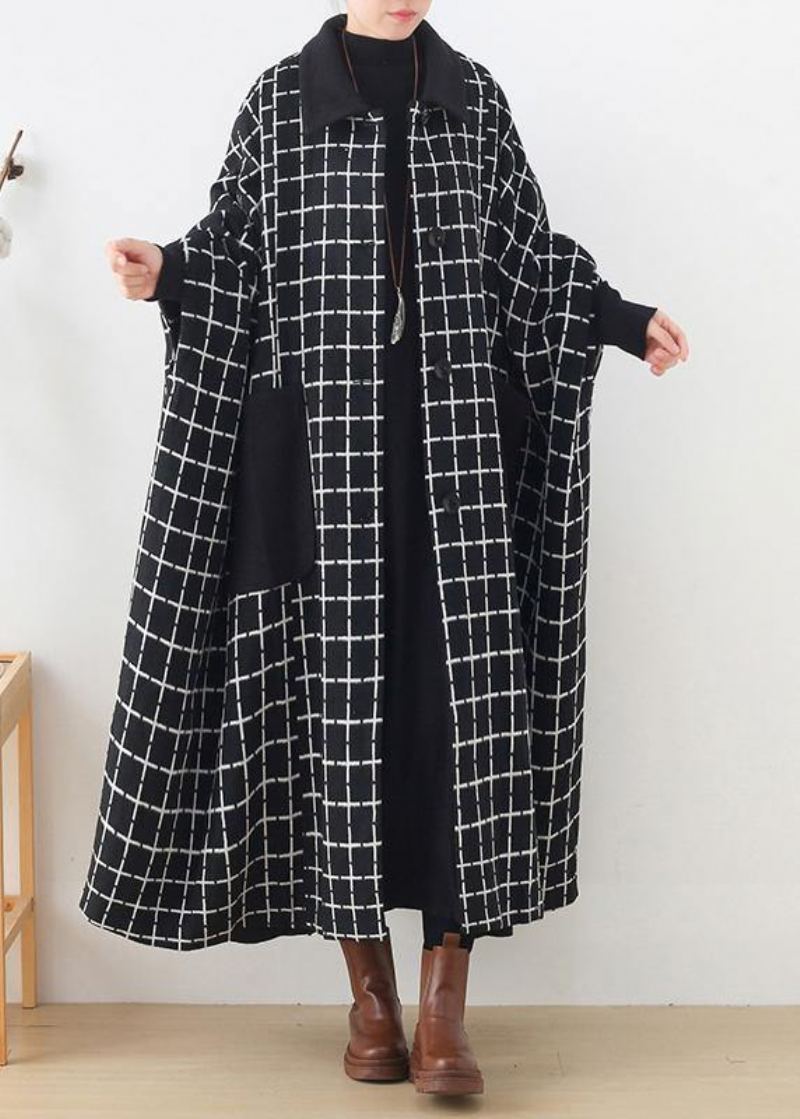 Manteau Maxi Décontracté À La Mode Vêtements D'extérieur Noir Et Blanc Poches À Revers À Carreaux Manteaux En Laine - Manteaux en laine femmes