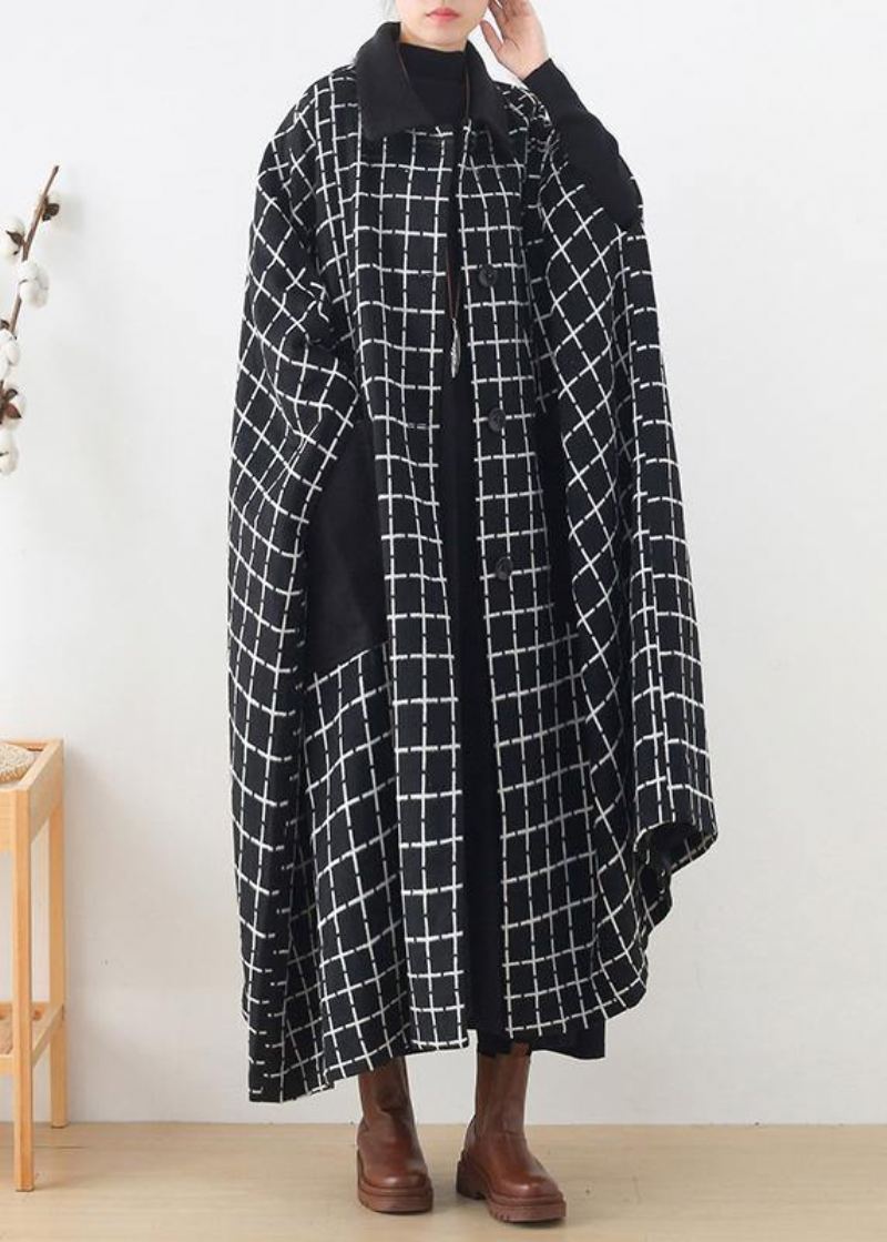 Manteau Maxi Décontracté À La Mode Vêtements D'extérieur Noir Et Blanc Poches À Revers À Carreaux Manteaux En Laine - Manteaux en laine femmes