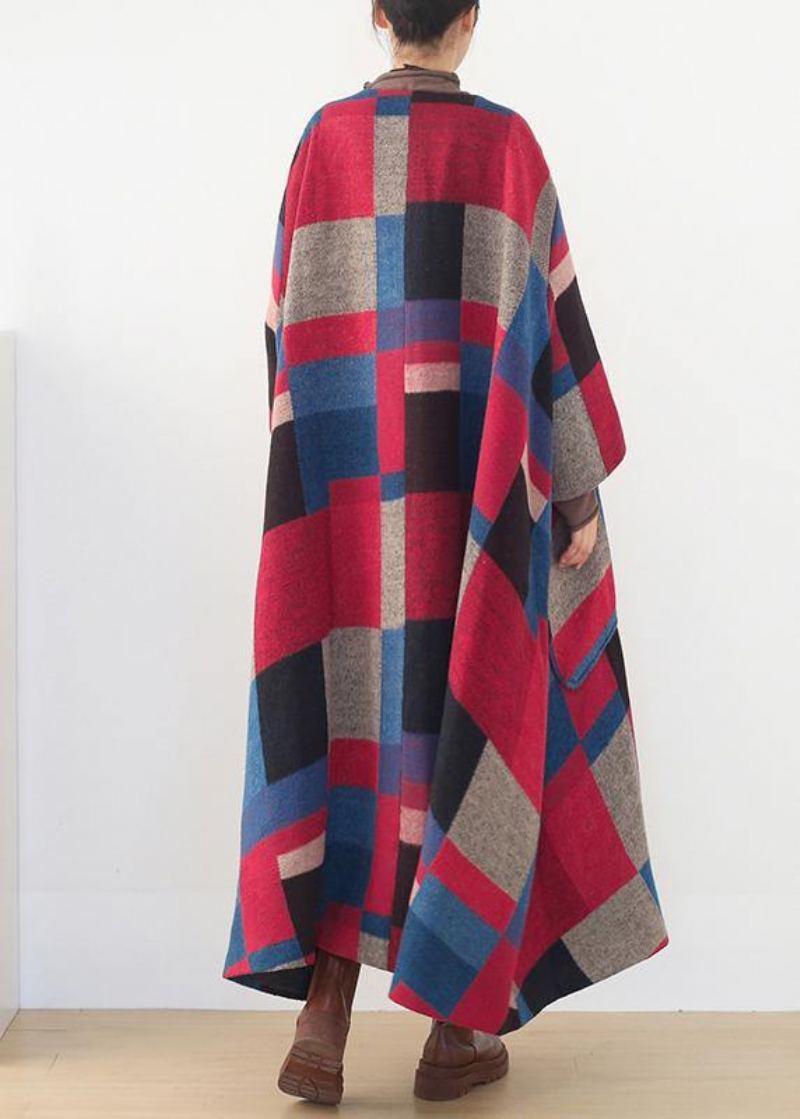 Manteau Maxi Surdimensionné Hiver Cachemire Coatred Plaid Mode Vêtements D'extérieur En Laine - Rouge