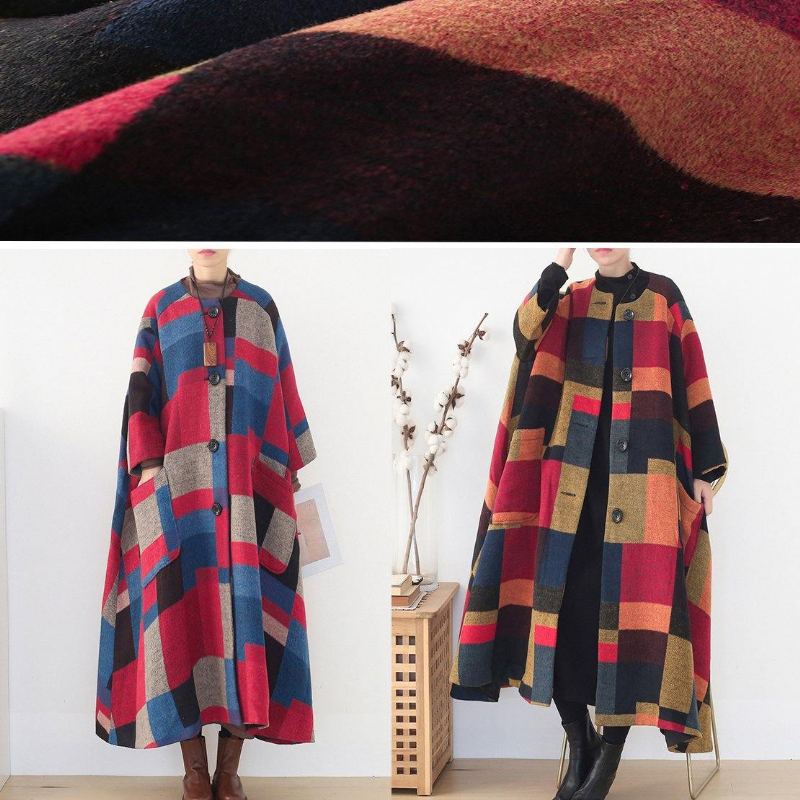 Manteau Maxi Surdimensionné Hiver Cachemire Coatred Plaid Mode Vêtements D'extérieur En Laine - Rouge