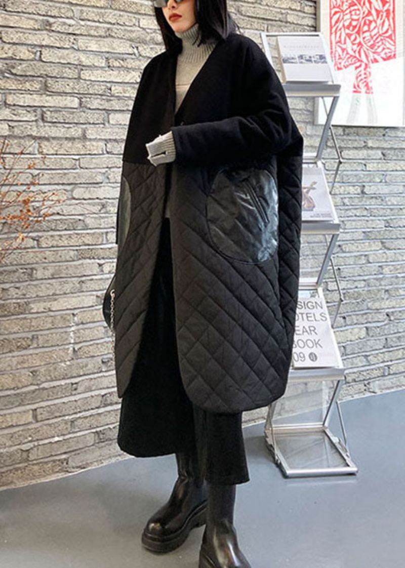 Manteau Parka D'hiver En Coton Avec Poches En Pu En Laine Noire Fine - Manteaux en laine femmes