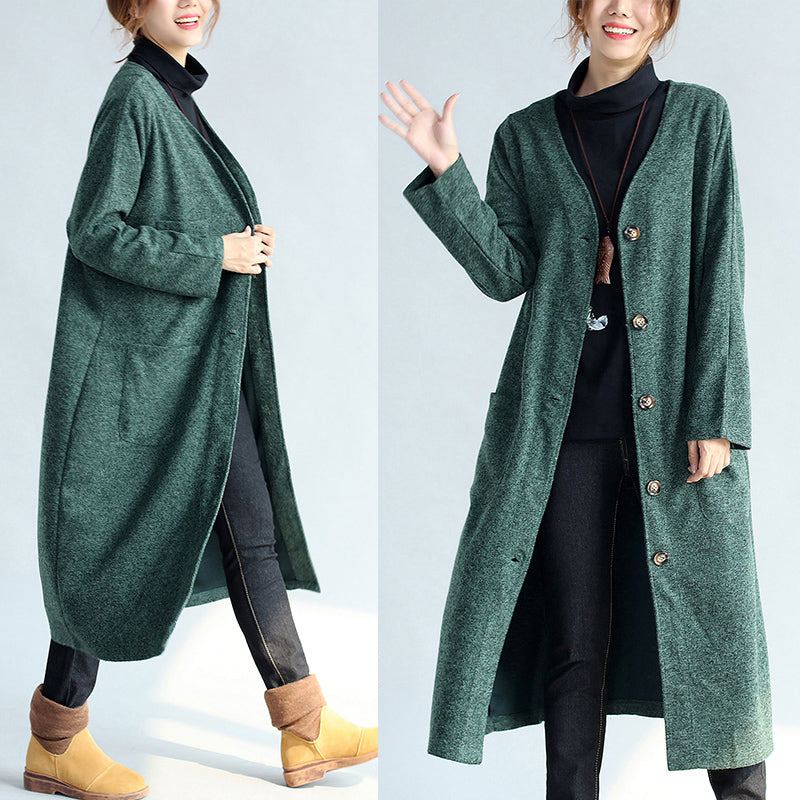 Manteau Parka Long Vintage Vert Pour Femme Grande Taille Col En V Trench En Laine Longs Cardigans - Manteaux en laine femmes