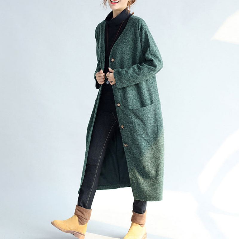 Manteau Parka Long Vintage Vert Pour Femme Grande Taille Col En V Trench En Laine Longs Cardigans - Manteaux en laine femmes