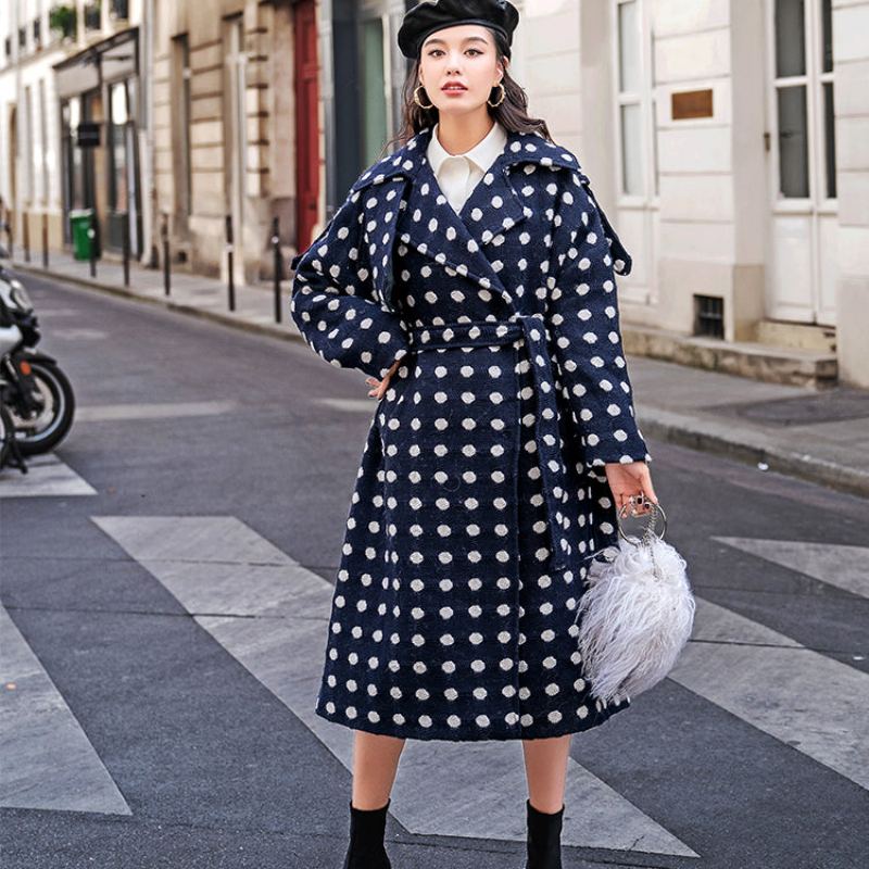 Manteau À Pois Bleu Marine Surdimensionné Trench-coat Cranté Veste En Laine À Nouer À La Taille