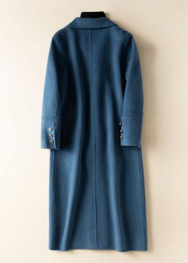 Manteau À Revers Bohème Boutonné Pour Femme Manteaux En Laine Bleus Aux Genoux - Bleu