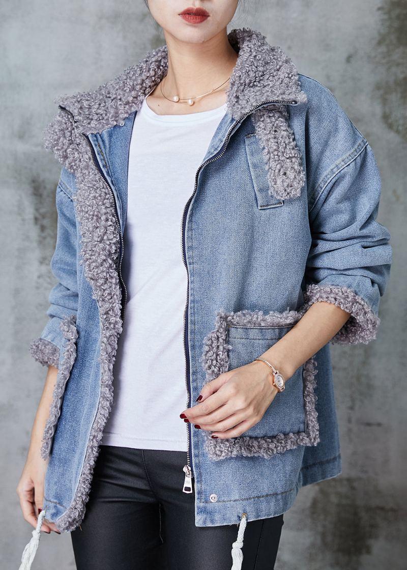 Manteau Surdimensionné Doublé De Laine Polaire Bleu Denim Patchwork Hiver