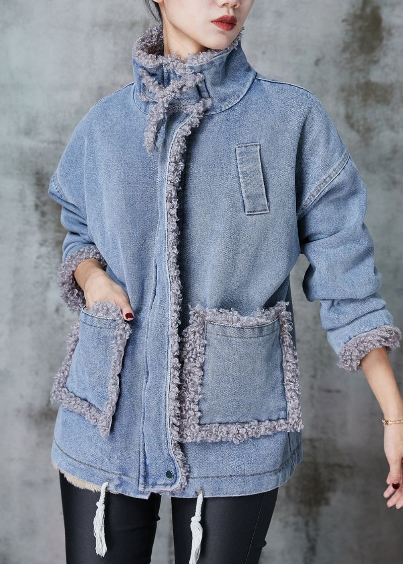 Manteau Surdimensionné Doublé De Laine Polaire Bleu Denim Patchwork Hiver - Manteaux en laine femmes