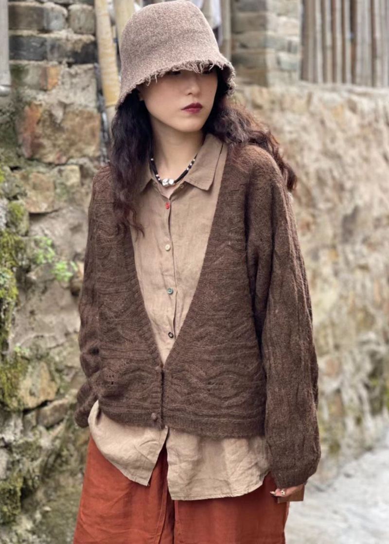 Manteau En Tricot De Laine D'automne Pour Femmes Rétro Col En V Boutons Chocolat - Chocolat