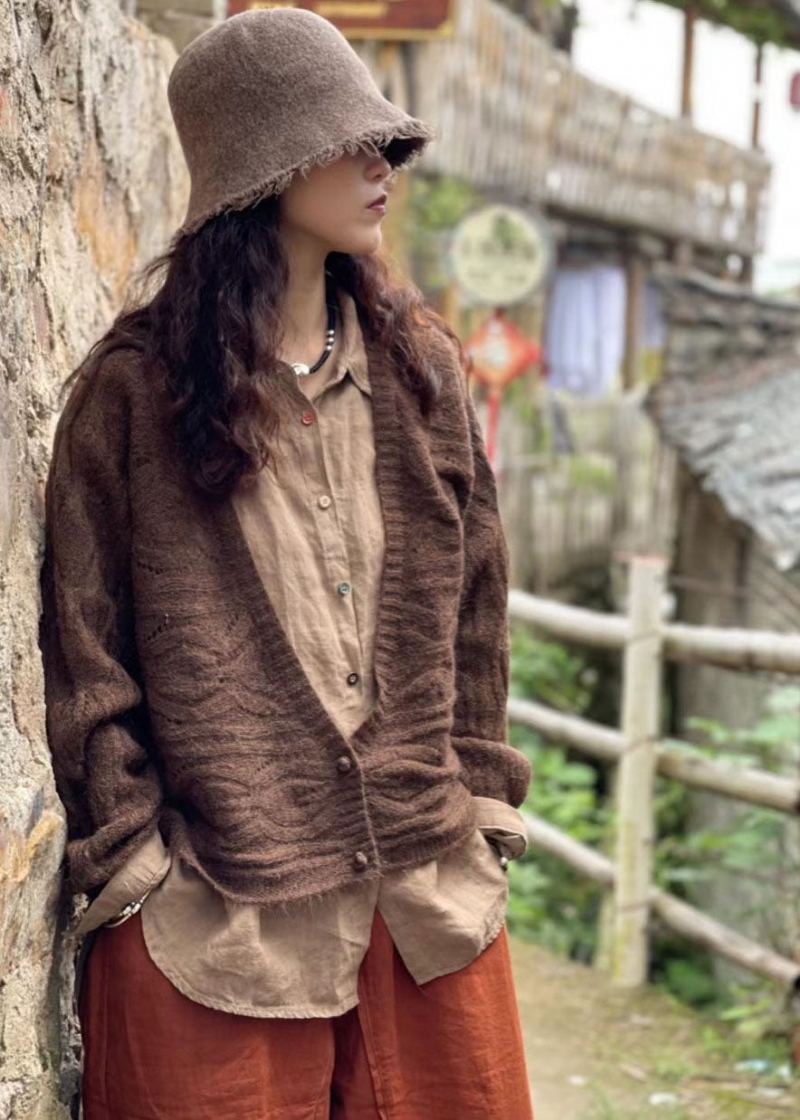 Manteau En Tricot De Laine D'automne Pour Femmes Rétro Col En V Boutons Chocolat - Chocolat