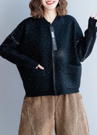 Manteau En Tricot De Laine Noir À Pois Pour Femmes Hiver