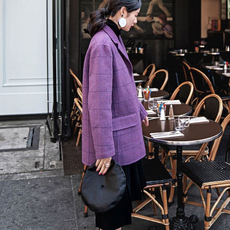 Manteaux À Carreaux Violets De Luxe Manteau En Laine Cranté Décontracté Nouvelles Poches Ouvert Sur Le Côté Arrière - Manteaux en laine femmes