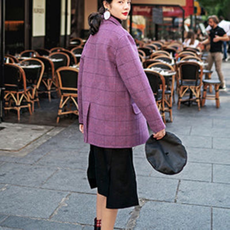 Manteaux À Carreaux Violets De Luxe Manteau En Laine Cranté Décontracté Nouvelles Poches Ouvert Sur Le Côté Arrière - Manteaux en laine femmes