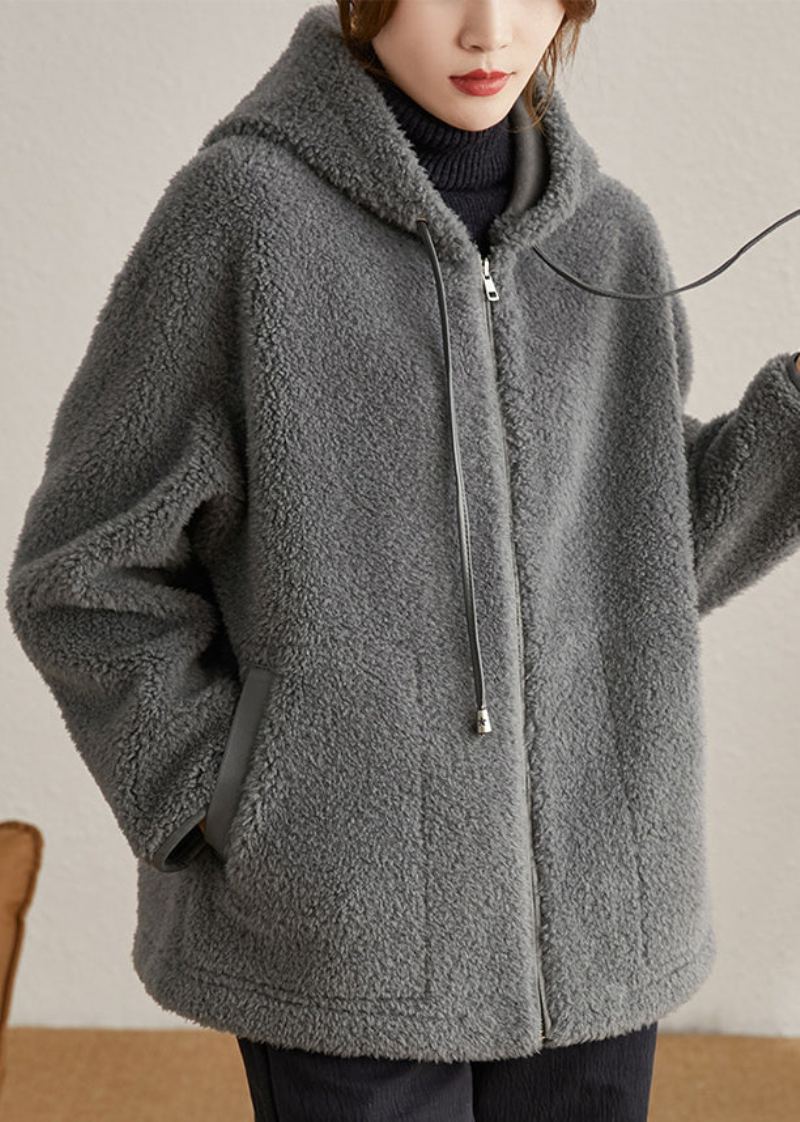 Manteaux En Laine Gris Décontracté Avec Poches À Capuche Patchwork Hiver - Manteaux en laine femmes