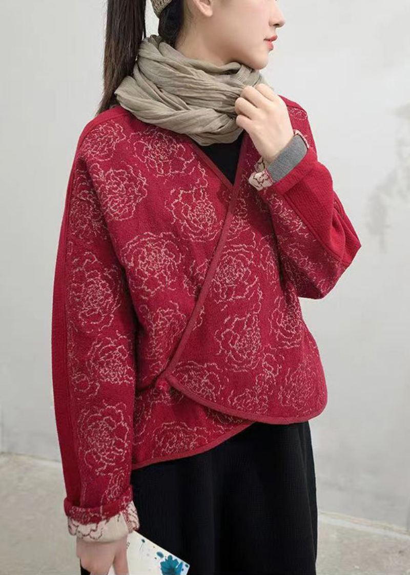 Manteaux En Laine Patchwork Bouton Rouge Col En V Manches Longues - Manteaux en laine femmes