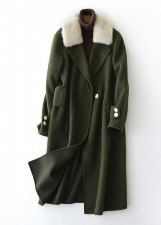 Manteaux En Laine Vert Armée Vintage Trench-coat Surdimensionné Avec Col En Fourrure Pour Femmes Crantés