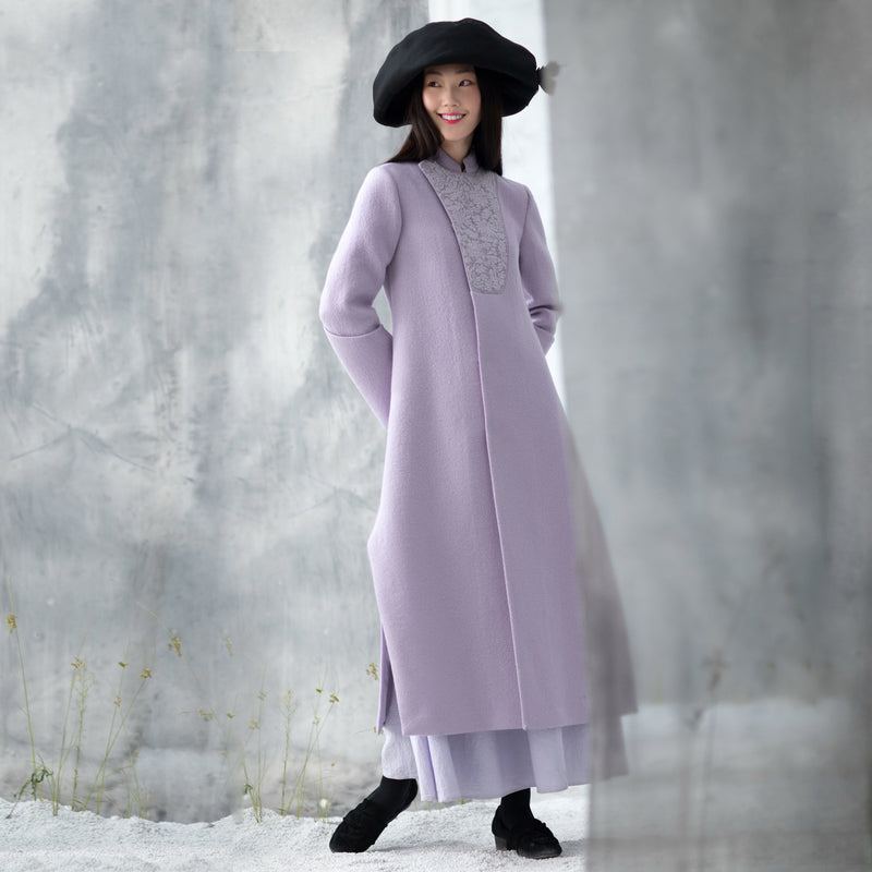 Manteaux De Luxe En Laine Violets Tendance Grande Taille Ouvert Sur Le Côté Long Manteau D'hiver Vêtements D'extérieur Brodés