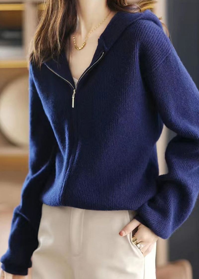 Manteaux En Tricot De Laine À Capuche En Patchwork Bleu Marine Simple Avec Fermeture Éclair Automne - Manteaux en laine femmes