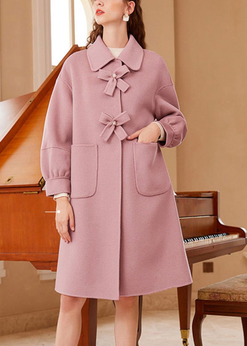 Mignon Rose Col Carré Noeud Bouton Laine Maxi Manteau Printemps - Manteaux en laine femmes