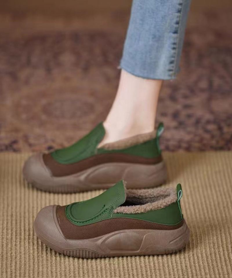 Mocassins Penny À Plateforme Vert Foncé Décontractés En Simili Cuir Doublés De Laine Pelucheuse