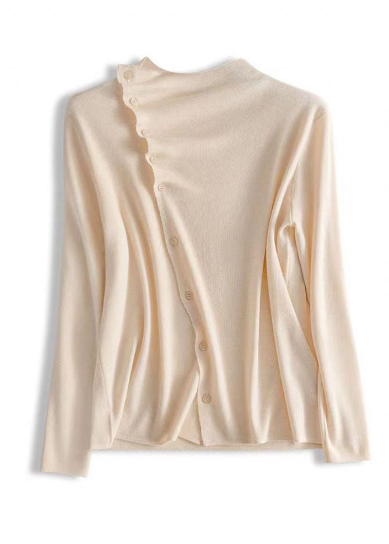 Mode Beige Asymétrique Froissé Bouton Laine Tricot Pull Printemps - Manteaux en laine femmes