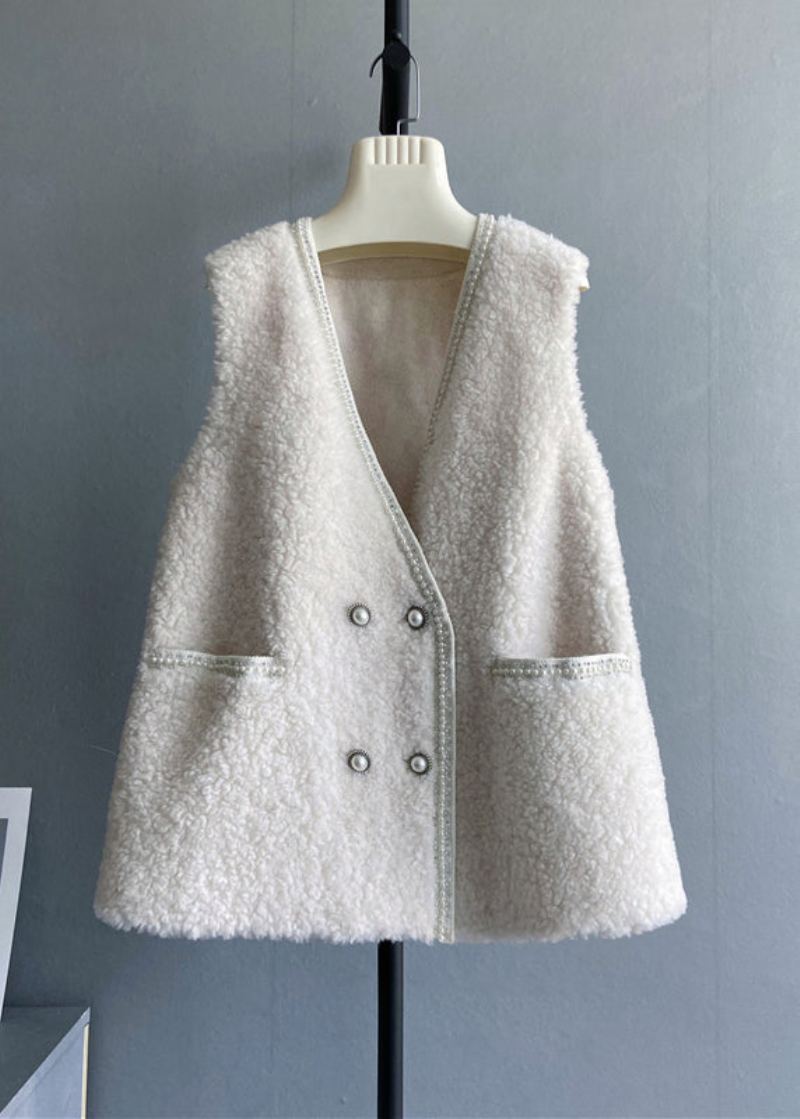 Mode Beige Col V Poches Bouton Gilet En Laine Sans Manches