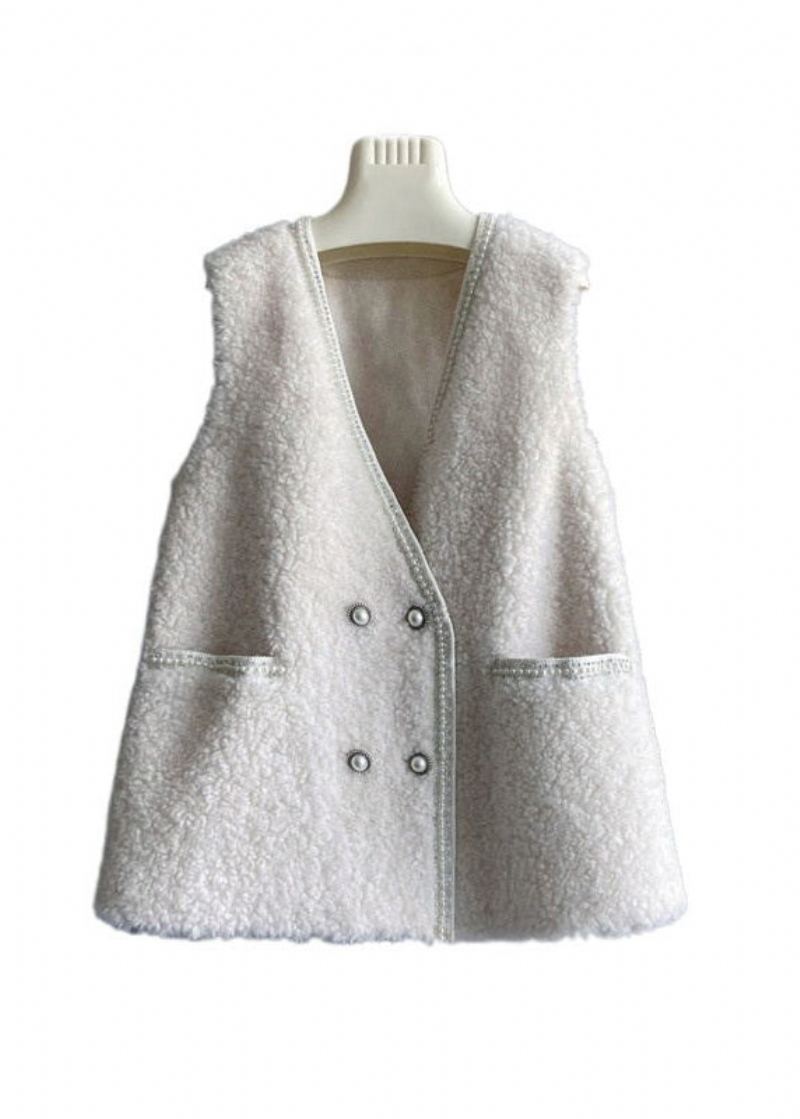 Mode Beige Col V Poches Bouton Gilet En Laine Sans Manches - Manteaux en laine femmes