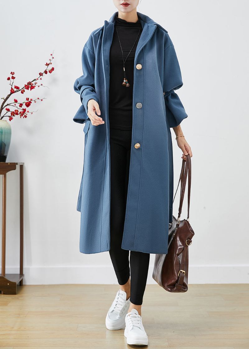 Mode Bleu Gris Col Claudine Cravate Taille Laine Trench Automne - Manteaux en laine femmes