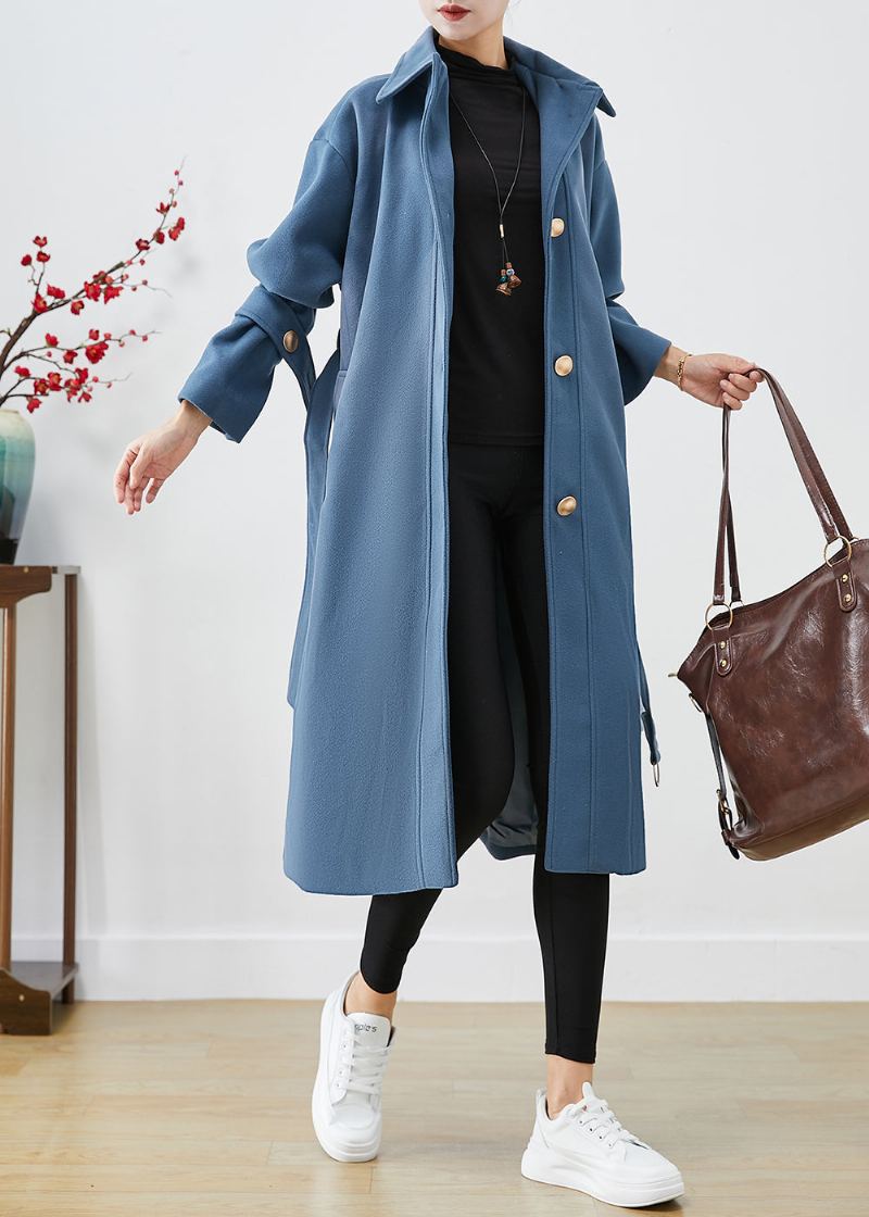 Mode Bleu Gris Col Claudine Cravate Taille Laine Trench Automne - Manteaux en laine femmes