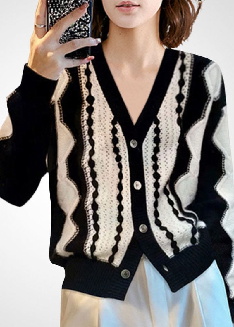 Mode Colorblock Col En V Patchwork Laine Tricot Cardigan Hiver