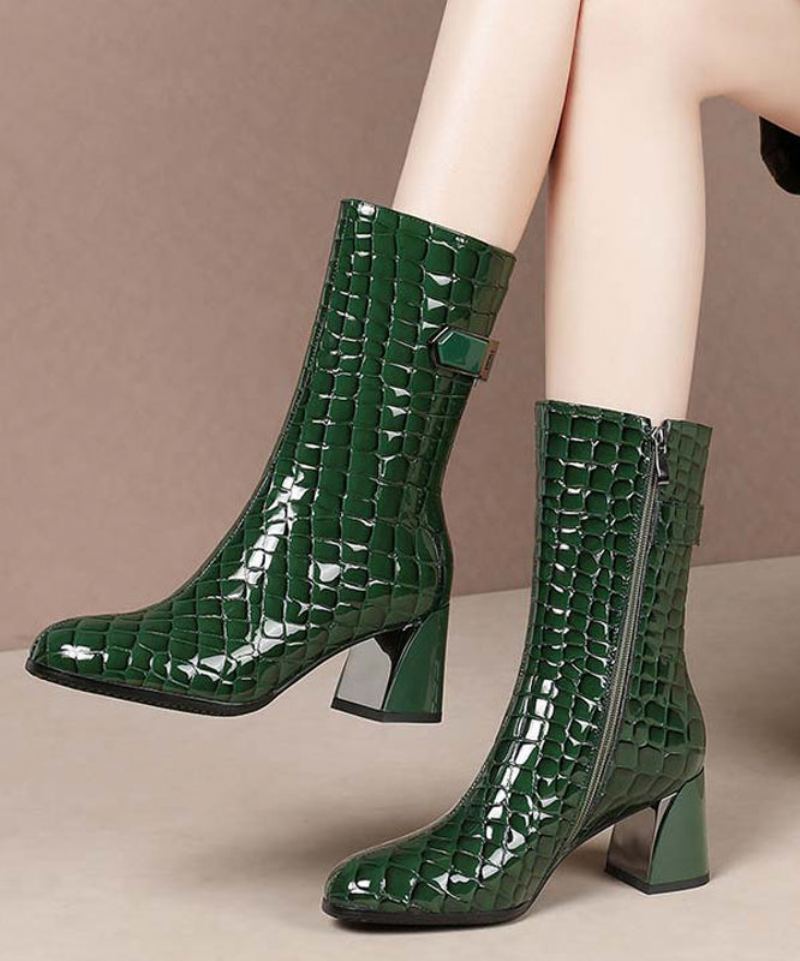 Mode Épissage Grosses Bottes En Cuir De Vachette Vert Laine Floue Doublée