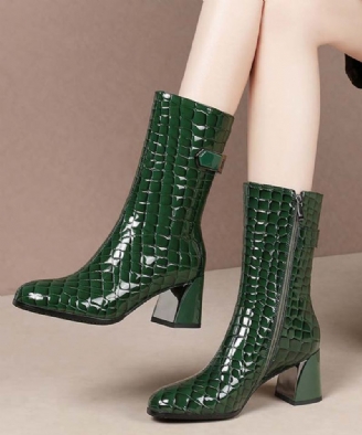 Mode Épissage Grosses Bottes En Cuir De Vachette Vert Laine Floue Doublée