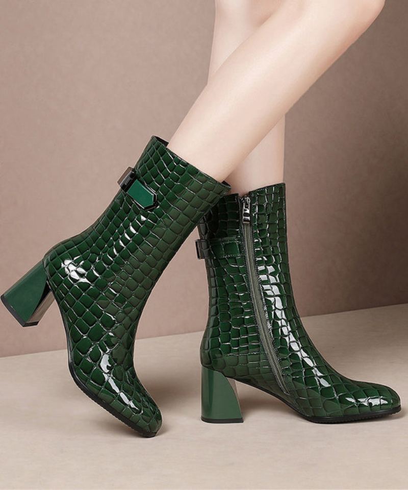 Mode Épissage Grosses Bottes En Cuir De Vachette Vert Laine Floue Doublée - Manteaux en laine femmes