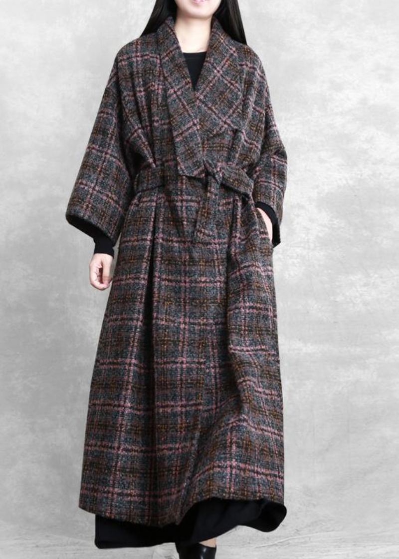 Mode À La Grande Taille Femmes Manteaux Gris Plaid Cravate Poches Manteau De Laine