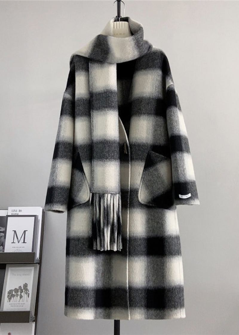 Mode Noir Col En V Poches Plaid Laine Manteaux Hiver