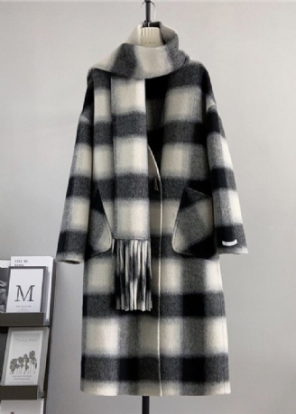 Mode Noir Col En V Poches Plaid Laine Manteaux Hiver