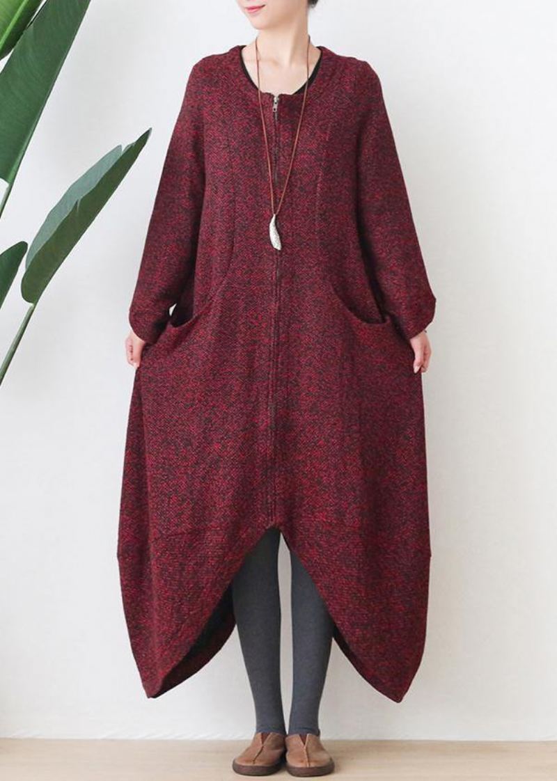 Mode Surdimensionné Manteau De Longueur Moyenne Manteaux D'hiver Rouge Col En V Asymétrique Vestes En Laine