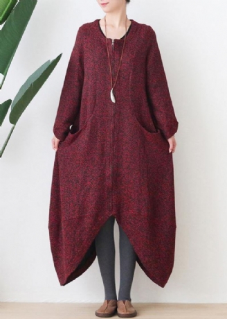 Mode Surdimensionné Manteau De Longueur Moyenne Manteaux D'hiver Rouge Col En V Asymétrique Vestes En Laine